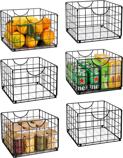 DINGTAI Metal Wire Basket Organizer Foldable Set of 6, Food Storage Mesh Bin with PVC Sheet, Freezer Organizer Bins for Pantry Closet Bathroom-Black