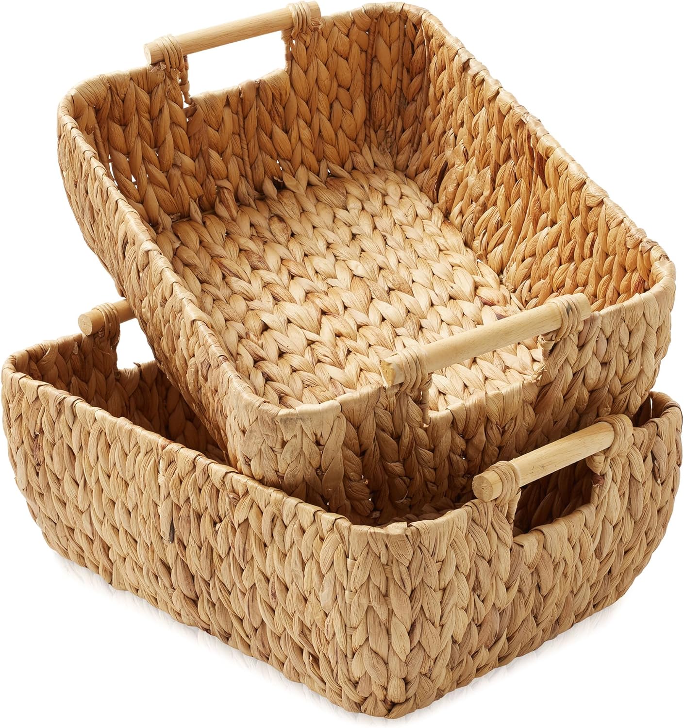 Casafield Set of 2 Water Hyacinth Oval Storage Baskets with Wooden Handles - Medium, Woven Bin Organizers