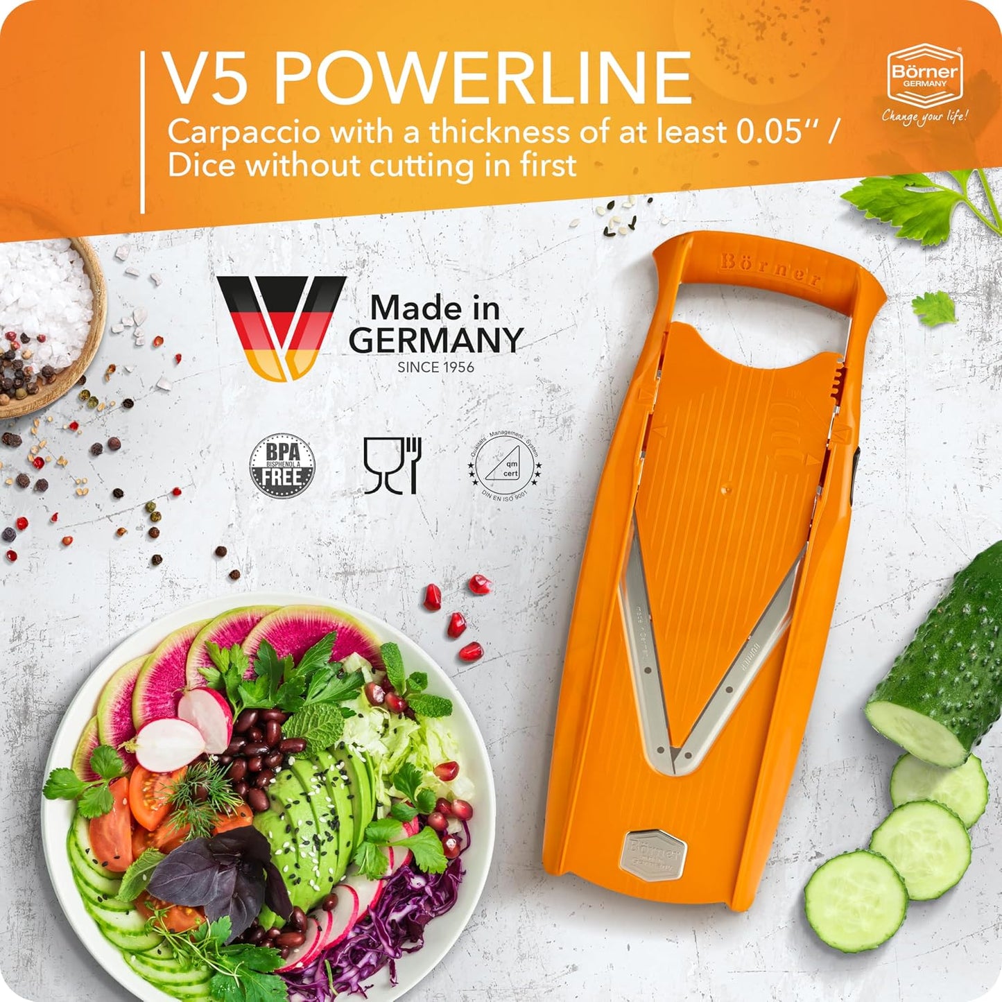Mandoline Food Slicer Börner V5 (Profi Set) by Reston Lloyd • V-Slicer with 4 Inserts, Docking Station & Food Holder • Made in Germany • Fruit & Vegetable Chopper • Multiple Settings • Color: Purple