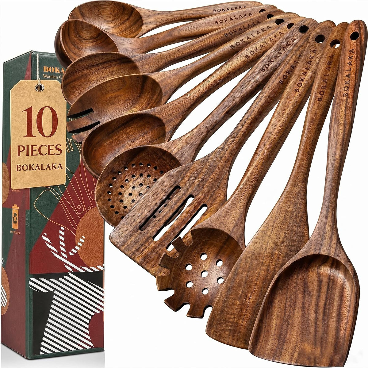 Wooden Spoons for Cooking, Natural Teak Wooden Kitchen Utensils Set Wooden Utensils for Cooking Wooden Cooking Utensils Wooden Spatulas for Cooking (10)