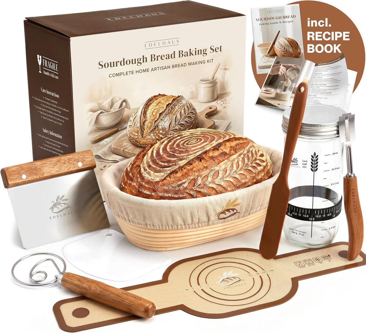 EDELHAUS Sourdough Starter Kit with Round Banneton Proofing Basket