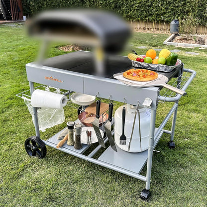 Upgraded Pizza Oven Cart Table for Ooni Koda/Karu/Fyra 16 & 12, Movable Thicken & Widen Rolling Kitchen Cart, Outdoor Grill Stand for Ninja Woodfire,Blackstone Griddle,Barbecue Tool Set