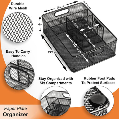 Gennua Kitchen Paper Plate Organizer for Cabinet, Counter, Picnics, Parties & More, Extra Large Utensil Caddy Crafted of Thick Iron Mesh With 6 Compartments for Paper Plates & Plastic Silverware
