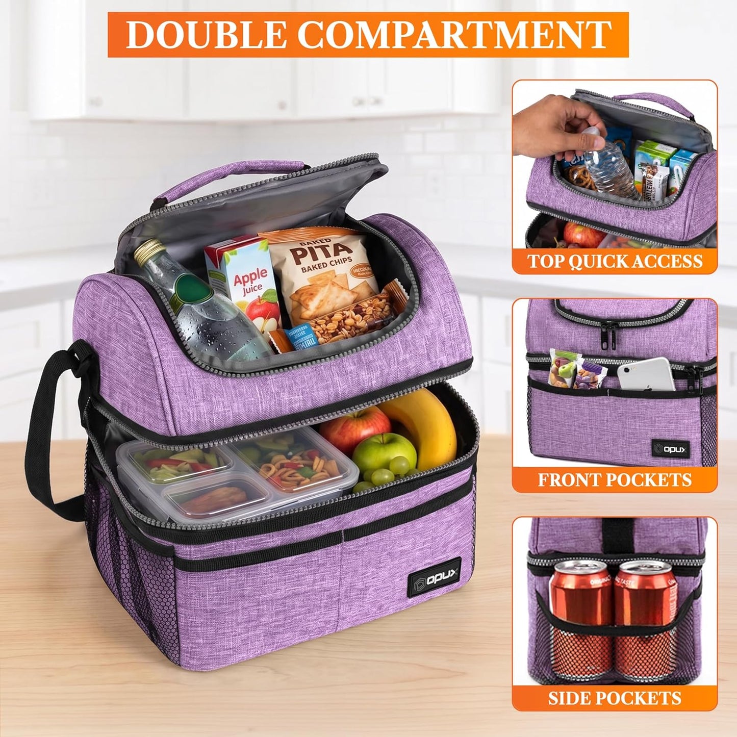 opux Insulated Lunch Bag for Men Women, Double Decker Leakproof Lunch Box Cooler Tote with Shoulder Strap, Large Lunchbox for Work School Travel Meal Prep, Adults Kids Boys Girls, Green, 16 Cans