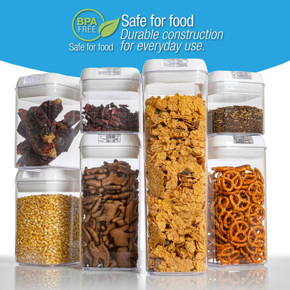 Set of 7 Airtight Food Storage Containers - Pantry Organizer Bins, BPA Free Plastic Containers plus Dry Erase Marker and Labels, White