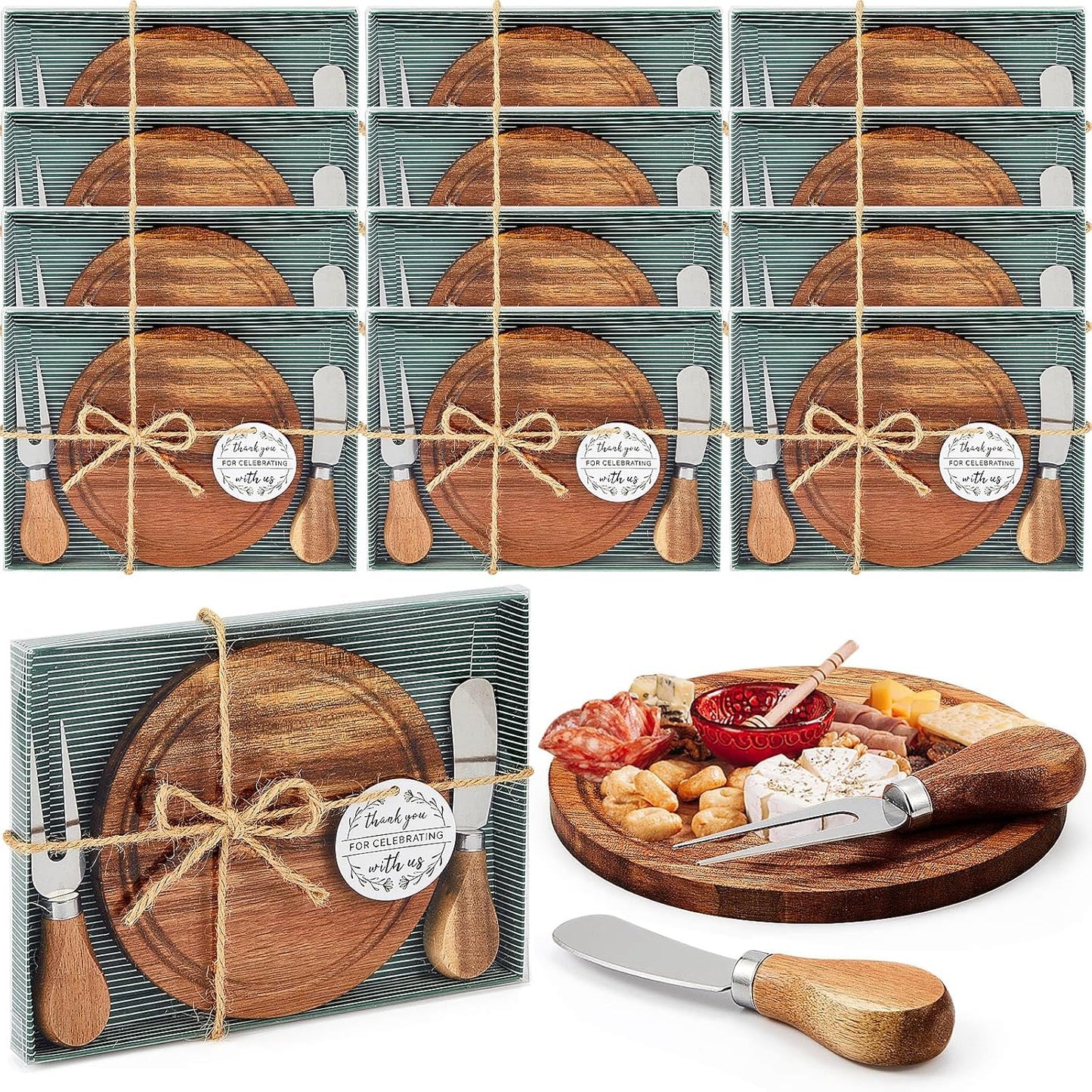 Maxcheck 6 Sets Baby Shower Bridal Game Prizes for Winners Round Cheese Board Set Wood Mini Charcuterie Board with Knives and Forks Thank You Card with Gift Box for Guests Wedding (Bamboo)
