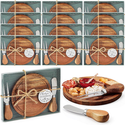 Maxcheck 6 Sets Baby Shower Bridal Game Prizes for Winners Round Cheese Board Set Wood Mini Charcuterie Board with Knives and Forks Thank You Card with Gift Box for Guests Wedding (Bamboo)