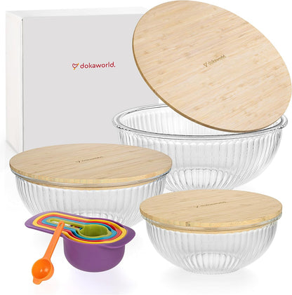 Set of 4 Stackable Space-Saving Nesting Glass Bowls with Airtight Acacia Lids for Lunch, Meal & Food Prep - Microwave & Oven-ready BPA Free Durable Heat Resistant Inert Borosilicate Glass