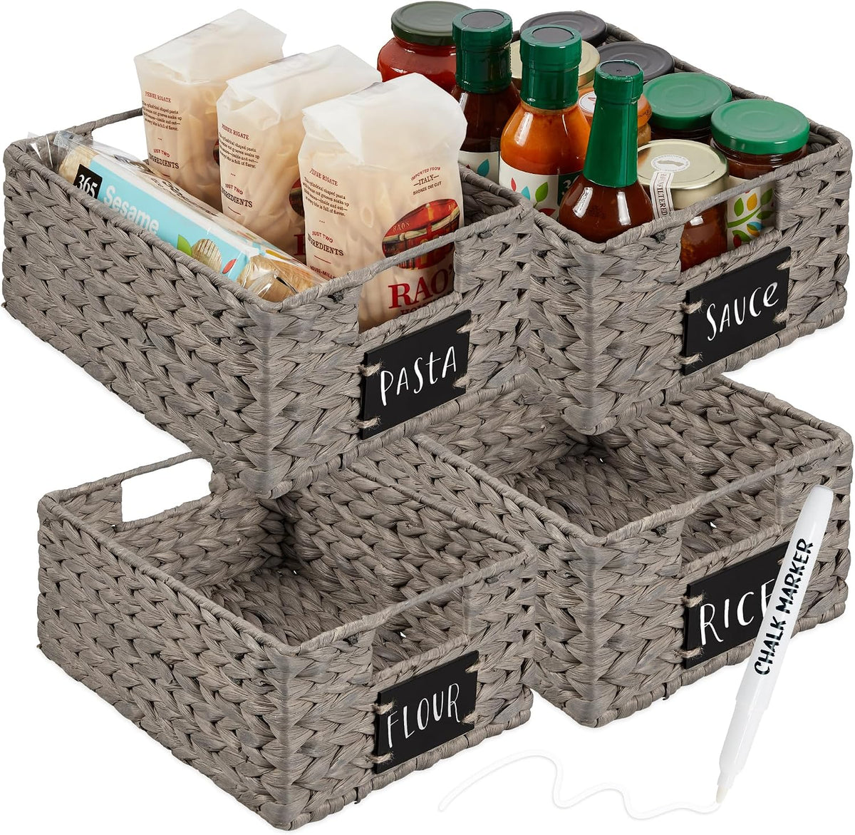 Best Choice Products Set of 4 9x12in Water Hyacinth Pantry Baskets, Woven Organizers w/Chalkboard Label, Chalk Marker - Natural