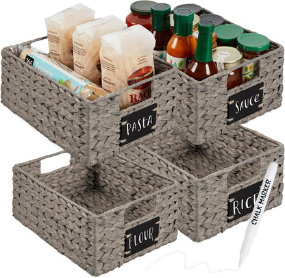 Best Choice Products Set of 4 9x12in Water Hyacinth Pantry Baskets, Woven Organizers w/Chalkboard Label, Chalk Marker - Natural