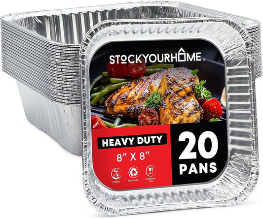 Stock Your Home Aluminum Pans 8x8 Disposable Foil Pans (20 Pack) - 8 Inch Square Pans - Tin Foil Pans Great for Cooking, Heating, Storing, Prepping Food
