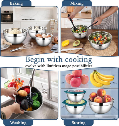 LIANYU Mixing Bowls with Airtight Lids Sets, 3 Packs Stainless Steel Metal Mixing Bowls, Ideal for Prepping, Cooking, Storage, Serving, Freezer & Dishwasher Safe, Khaki