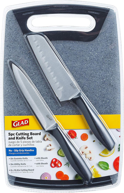 Glad Knife Set with Cutting Board, 5 Pieces | Sharp Santoku and Utility Knives with Blade Covers and Plastic Chopping Block | Kitchen Cooking Accessories