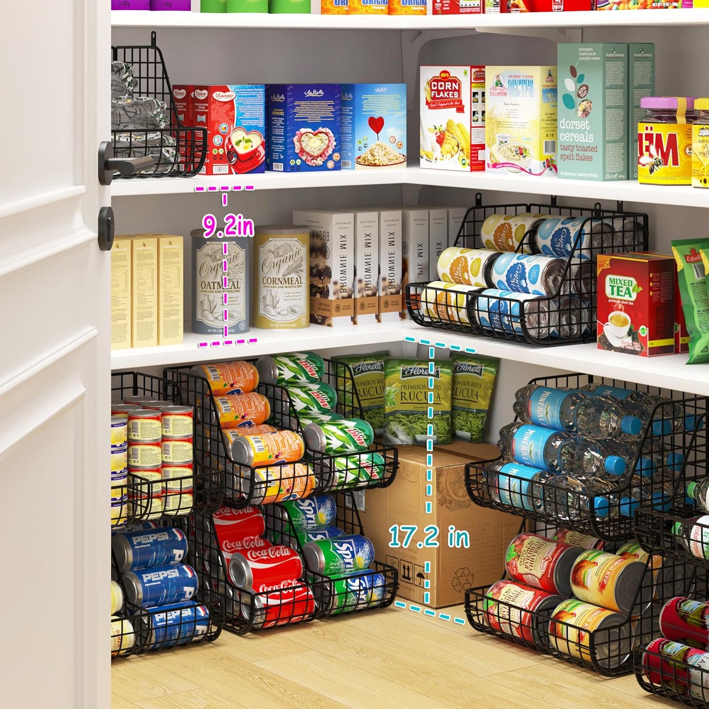 Stacking Can Dispensers 3 Tier with 3 Divider, Large Pantry Can Organizer, Beverage Drink Pop Soda Can Storage Basket, Can Holders for Pantry, Canned Food Rack Wire Bins for Kitchen Cabinet (3-Pack)