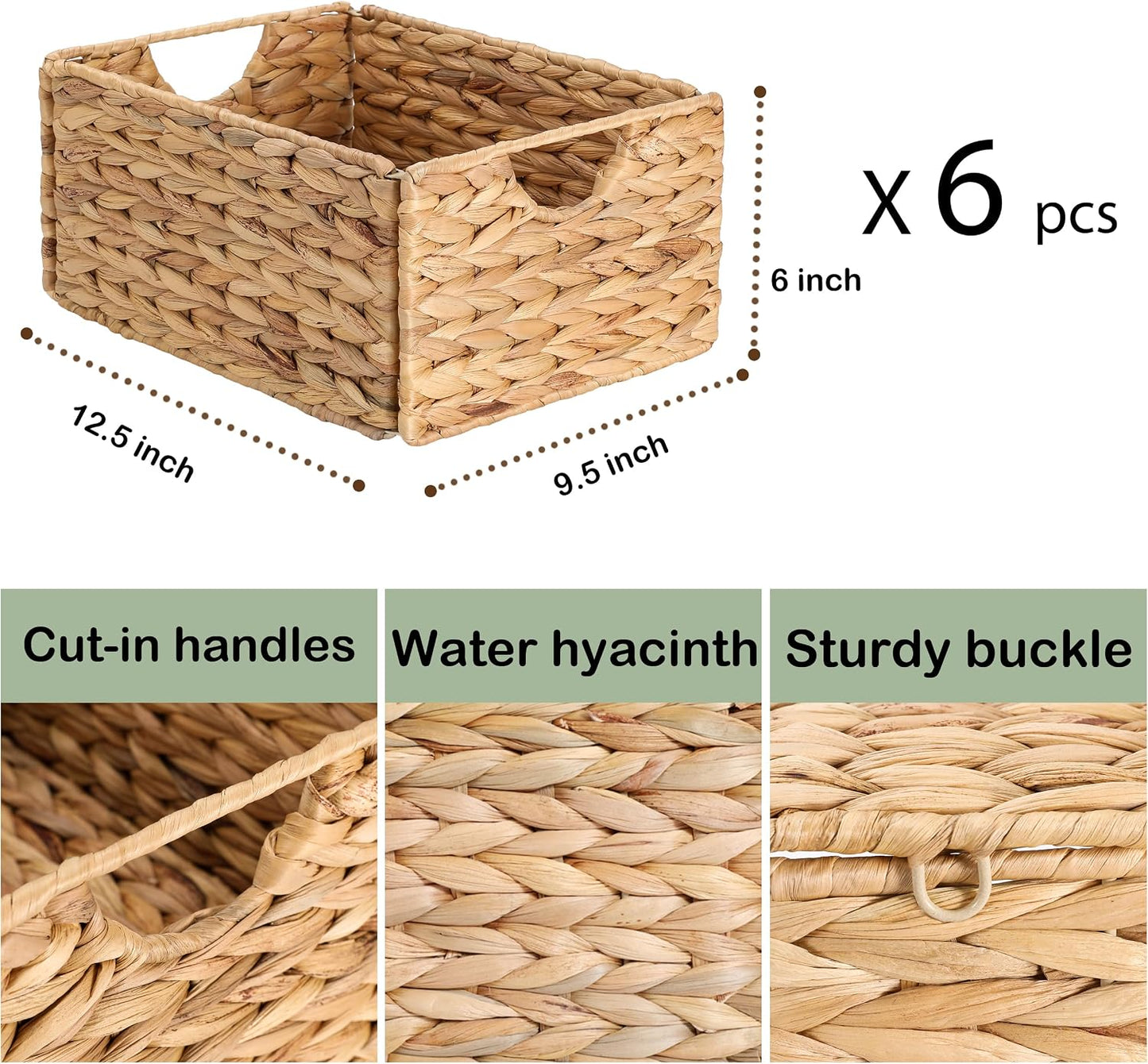 Water Hyacinth Pantry Baskets Set of 4, 12.5 x 9.5 x 6in Hanging Wicker Storage Baskets for Shelves, Pantry Baskets, Bathroom Shelves Storage Basket