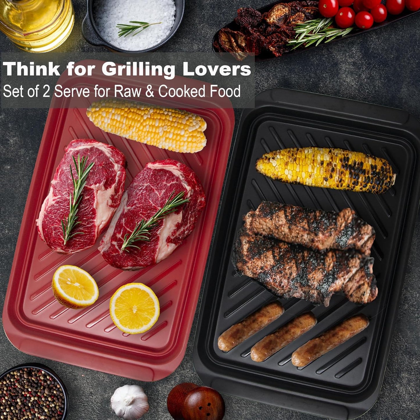 Czlizdyt Deep Grilling Prep and Serve Trays with lid 6-Piece Pack, BBQ Tray for Marinating Raw and Cooked Food, Diswasher Safe Nesting Trays Black in Red