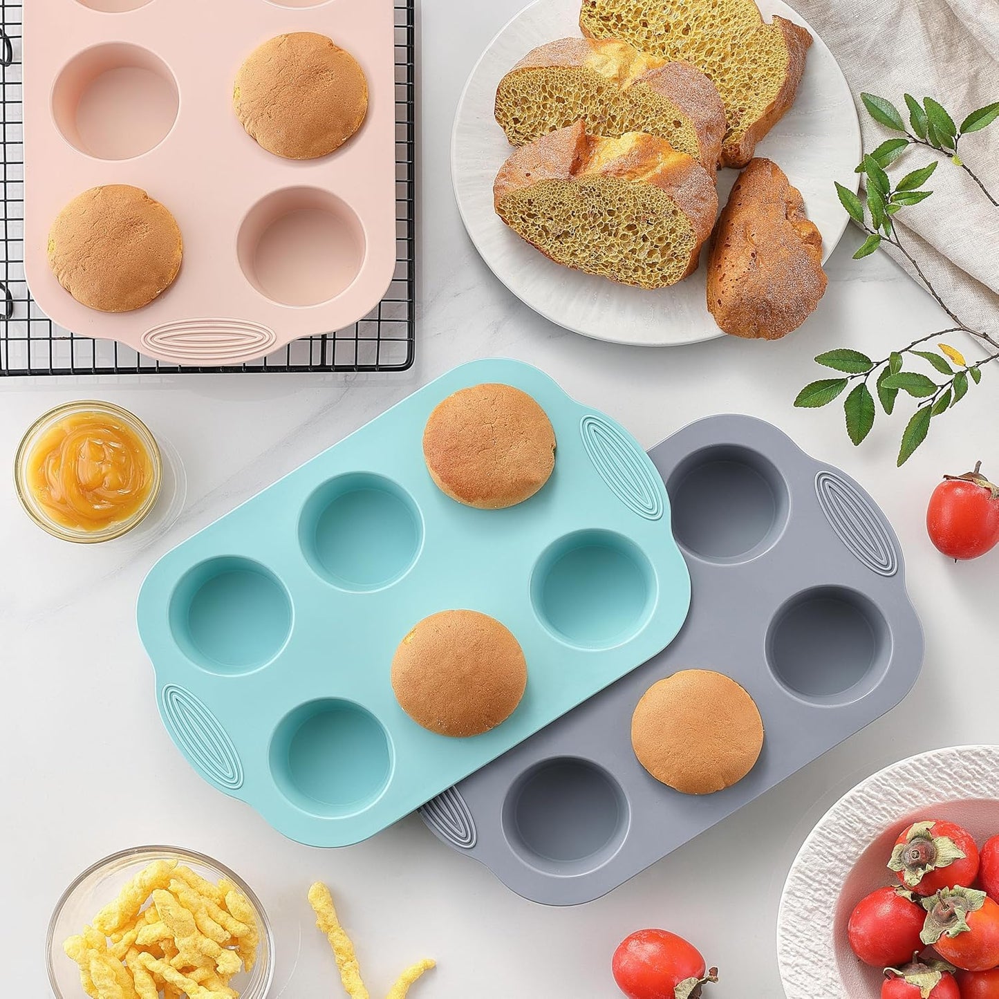 XZZWLL Silicone Muffin Pan, Food Grade Silicone Cupcake Molds for Baking Muffins and Cupcakes, 6-Cup Nonstick Cupcake Pan, Easy Cleaning and BPA-Free (Gray, Orange, Blue)