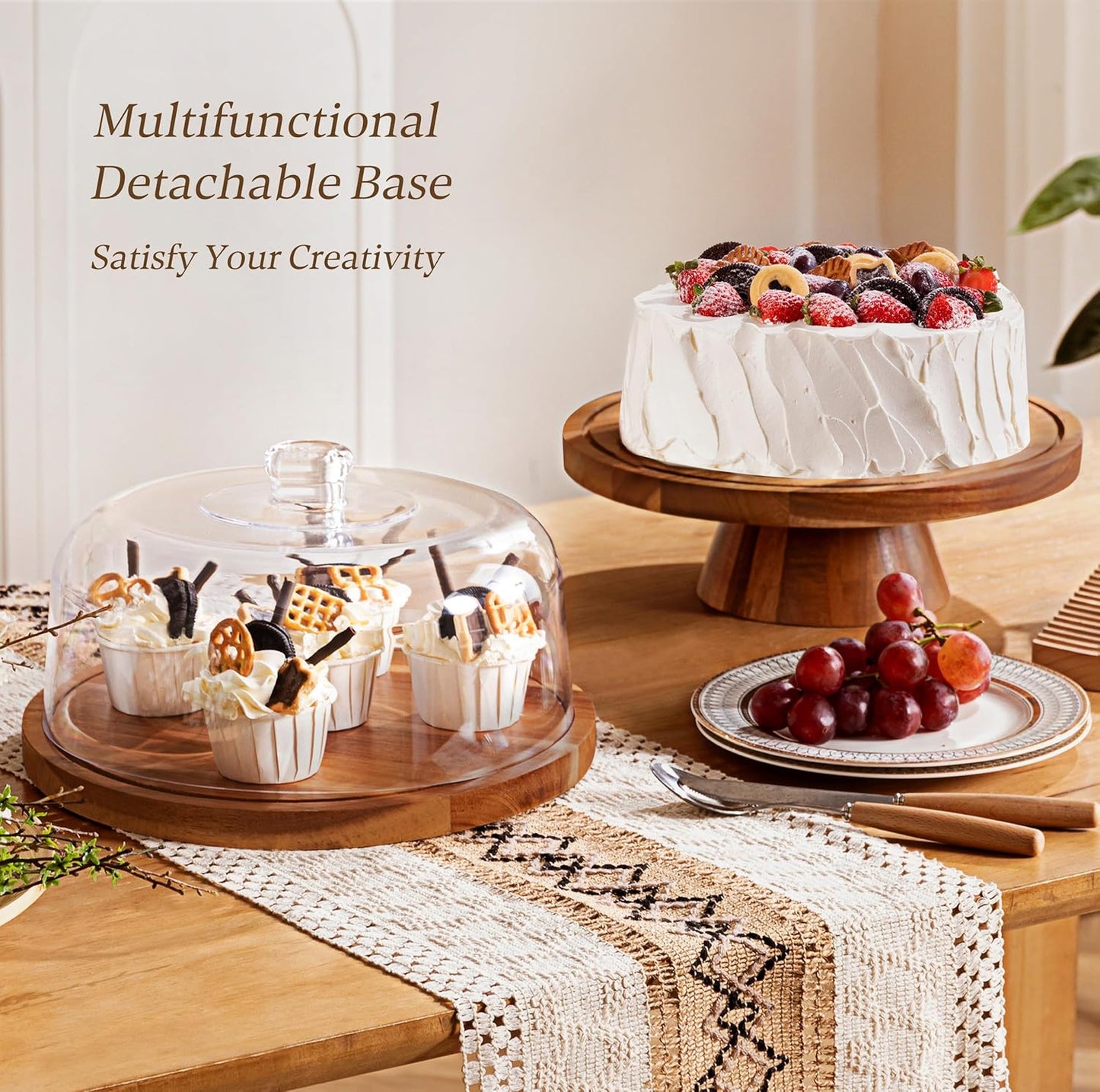 HBlife Cake Stand with Lid (11.4"), Multifunctional Cake Stand with Acrylic Dome, Acacia Wood 6-in-1 Cake Plate Display Stand with Cover for Baking Gifts, Birthday Kitchen Parties, Weddings