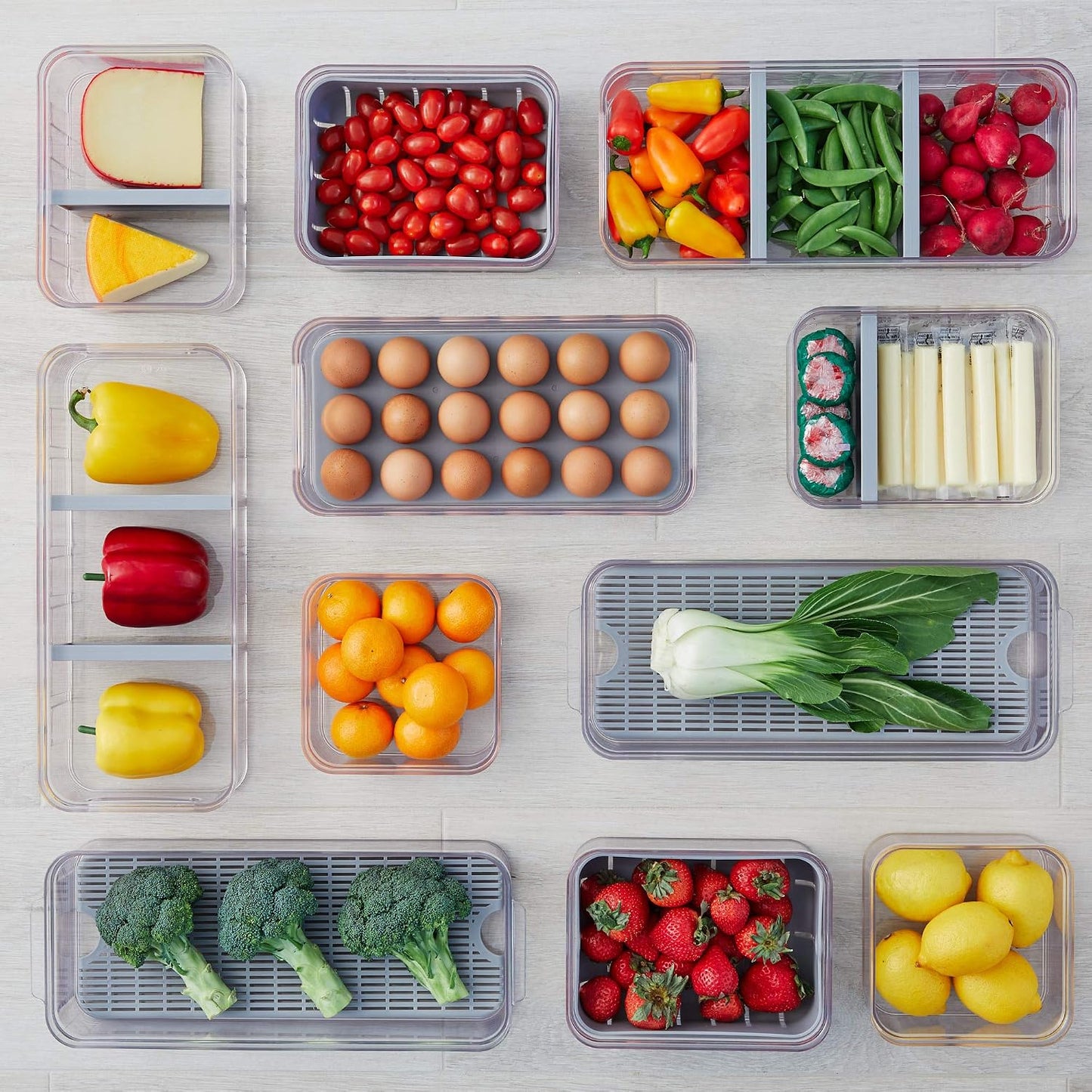 iDesign Small Fridge Organizer Bin with Removable Divider and Lid - Set of 6 - Clear/Gray