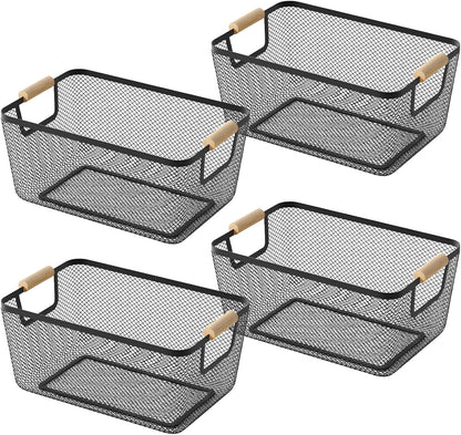 4pcs Metal Mesh Basket with Wooden Handles,Metal Mesh Wire Storage Baskets Dual Handle Wire Basket, Iron Bamboo Construction, Ideal for Kitchen Home Office Organization