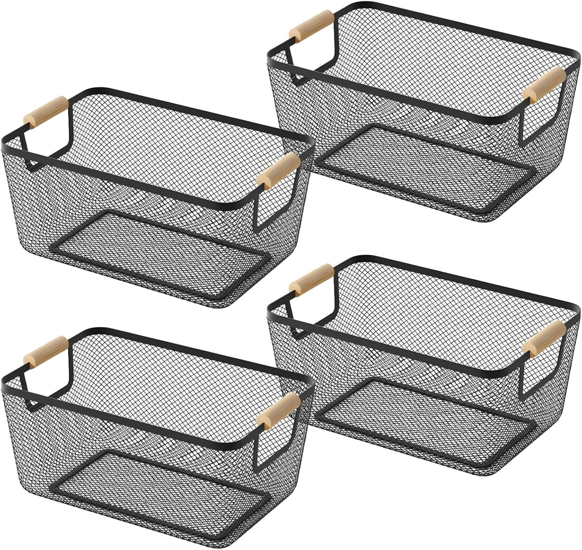 4pcs Metal Mesh Basket with Wooden Handles,Metal Mesh Wire Storage Baskets Dual Handle Wire Basket, Iron Bamboo Construction, Ideal for Kitchen Home Office Organization