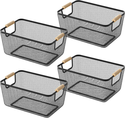 4pcs Metal Mesh Basket with Wooden Handles,Metal Mesh Wire Storage Baskets Dual Handle Wire Basket, Iron Bamboo Construction, Ideal for Kitchen Home Office Organization