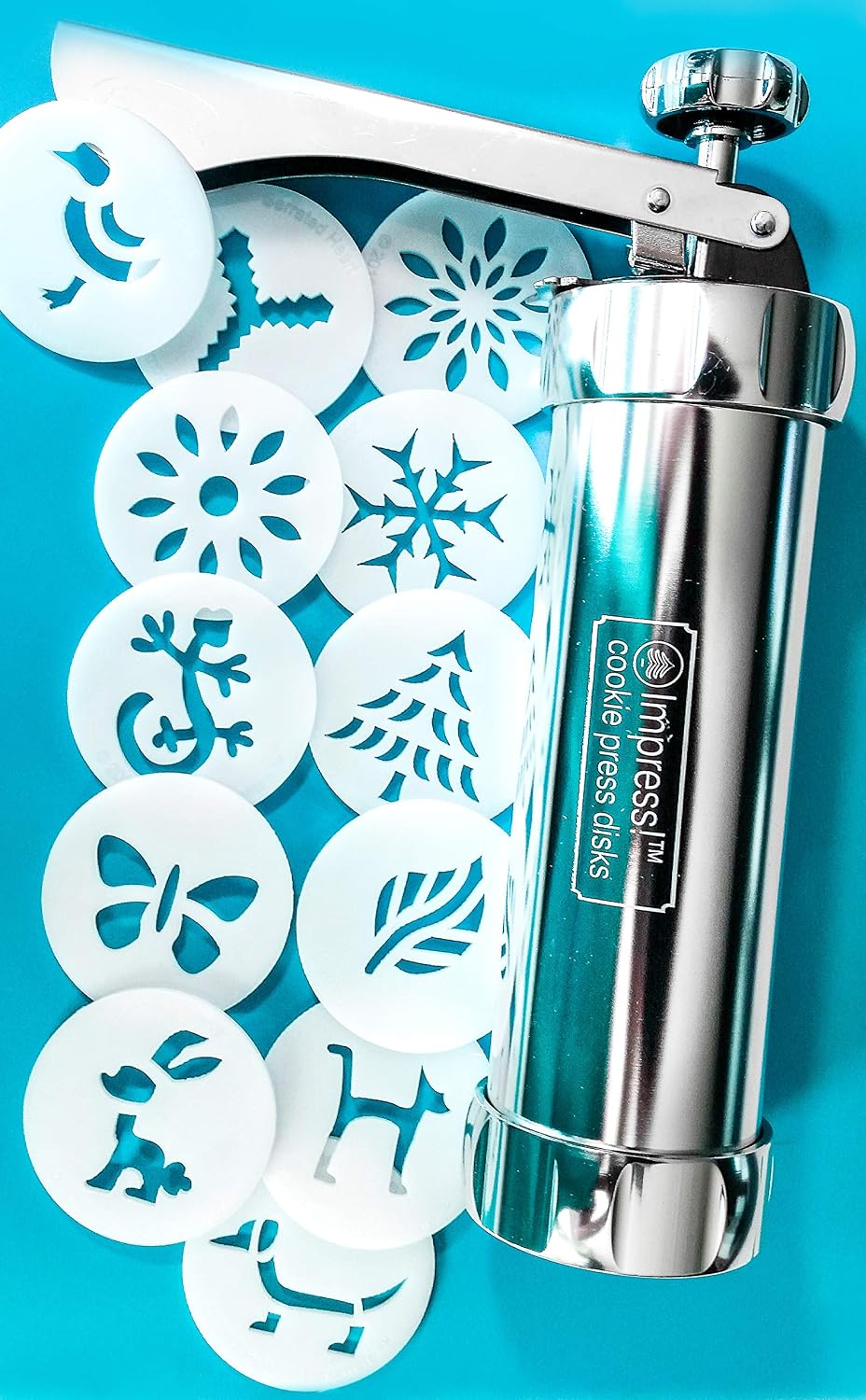 Impress Bakeware Metal Cookie Press with 12 Shape Disks