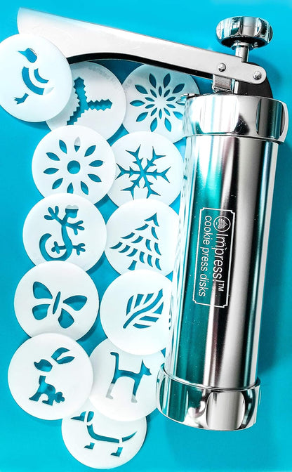 Impress Bakeware Metal Cookie Press with 12 Shape Disks