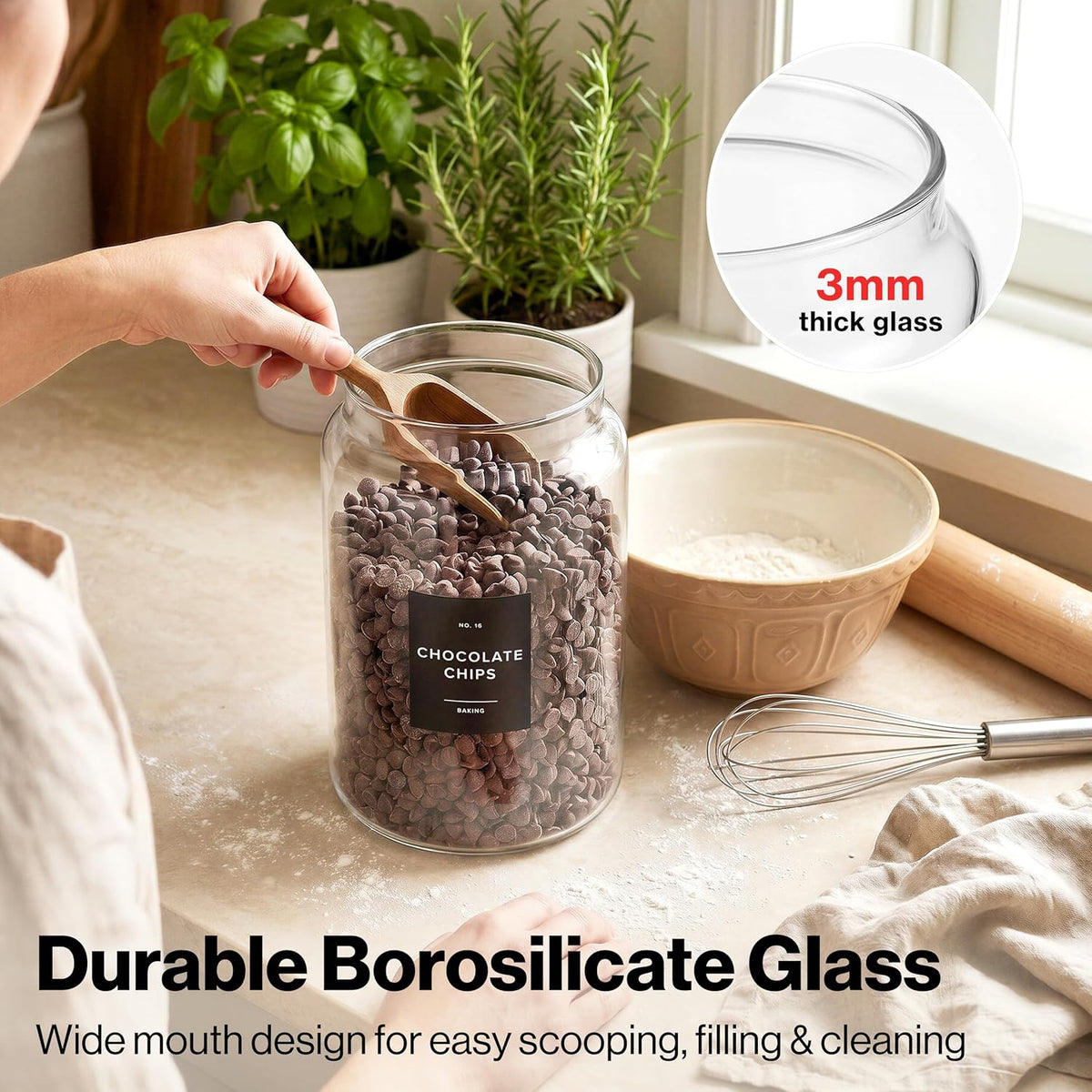 EDELHAUS 2x Large Glass Storage Containers with Airtight Black Lids [135oz/4000ml] | Extra Thick Glass Canisters for Pantry + 63 Labels | Flour Rice Cereal Sugar Coffee Beans Tea