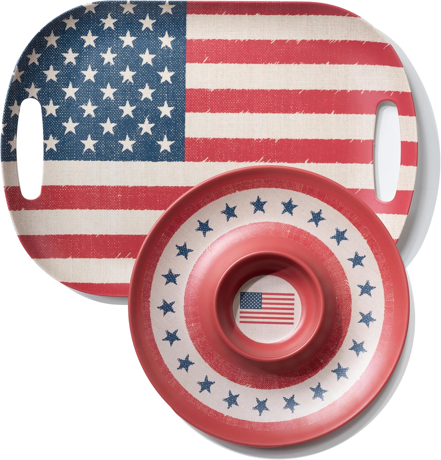 Kingen American flag Patriotic theme party supplies, 18'' Rectangle and 13'' Round Set of 2 Extra-Large Bamboo Serving Trays, Independence Day, Reusable and Dishwasher Safe