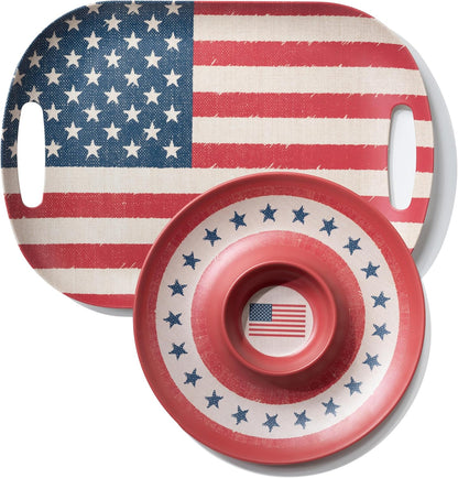 Kingen American flag Patriotic theme party supplies, 18'' Rectangle and 13'' Round Set of 2 Extra-Large Bamboo Serving Trays, Independence Day, Reusable and Dishwasher Safe