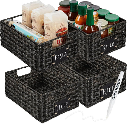 Best Choice Products Set of 4 9x12in Water Hyacinth Pantry Baskets, Woven Organizers w/Chalkboard Label, Chalk Marker - Natural