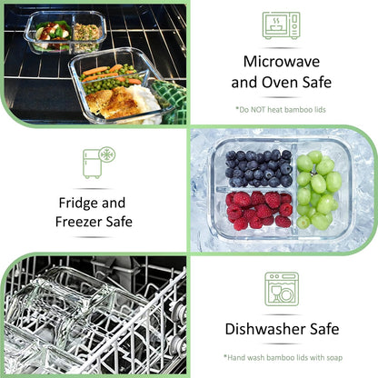 Glass Meal Prep Containers with Bamboo Lids (3 Pack) - 100% Plastic Free, Eco-Friendly Lunch Containers, Bamboo Lid Storage Container Set - Microwave Safe Glass Food Storage Container Set