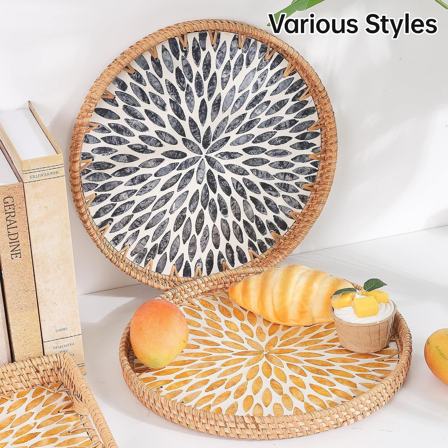 Round Rattan Tray with Mother of Pearl Inlay, Rattan Serving Tray for Coffee, Bread, Fruits, Decorative Wicker Tray for Table Decor, Home Decor, Kitchen Island Decor(Black Checkerboard, 11.8")