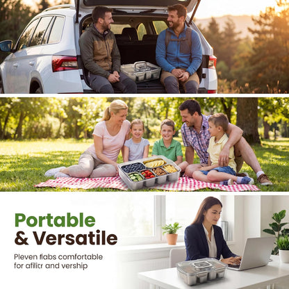Snackle Box Container, 6-Compartment Stainless Steel Tray with Lid & Handle, Portable Divided Serving Platter for Fruit, Veggie, Candy - Perfect for Travel, Party, Beach