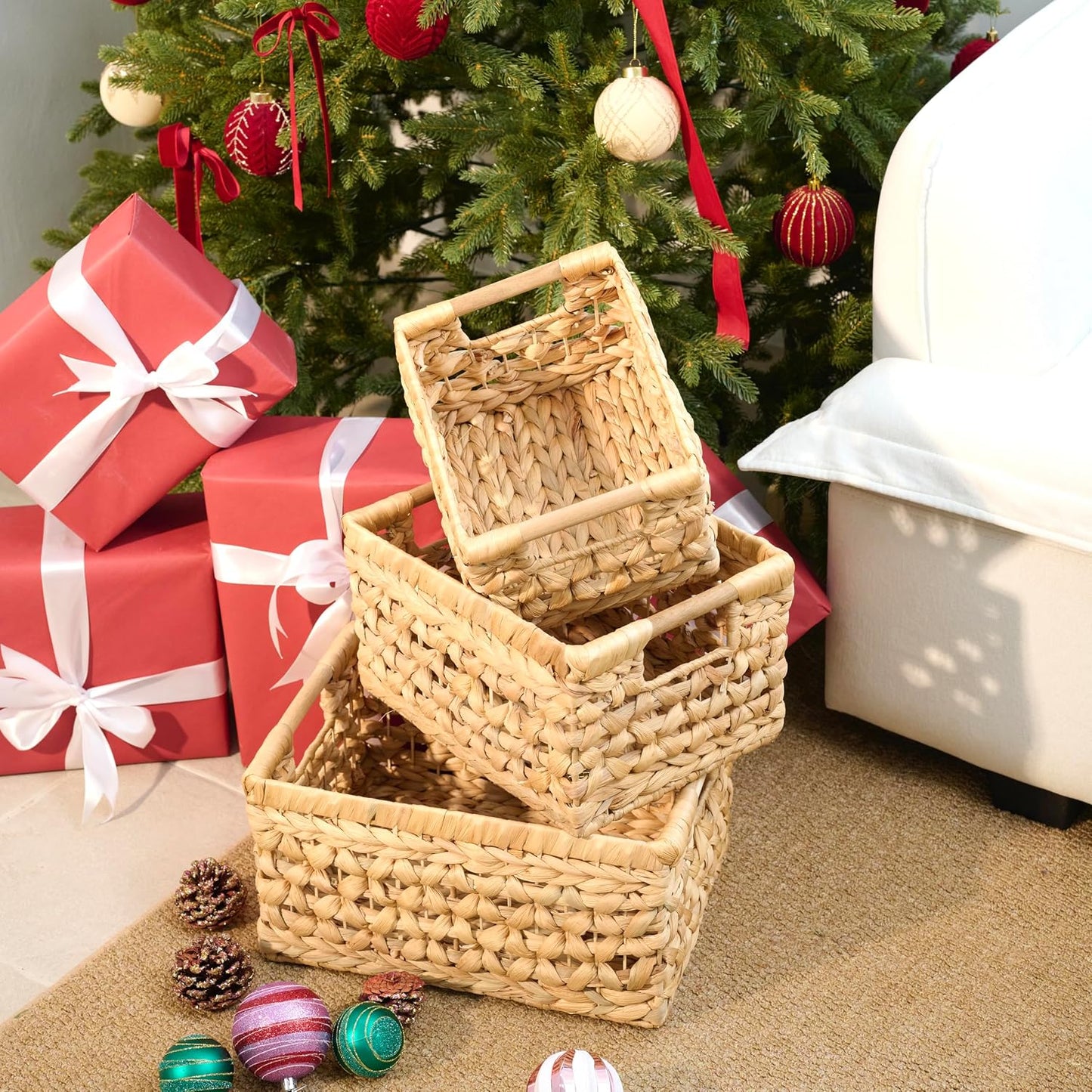 NAYA 11.6" Water Hyacinth Medium Wicker Shelf Basket – Storage Bin | Handwoven water hyacinth shelf basket with sturdy handles for pantry, towels and everyday home organization.
