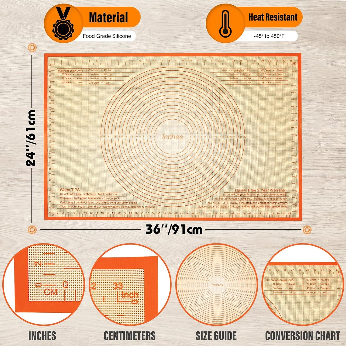Silicone Pastry Mat 36x24 Inch Nonstick Baking Mat -Perfect for Dough, Pastry, Dough Rolling, Kneading Board, Pie Crust, Fondant, Pasta/Pizza, Kitchen Counter Mat