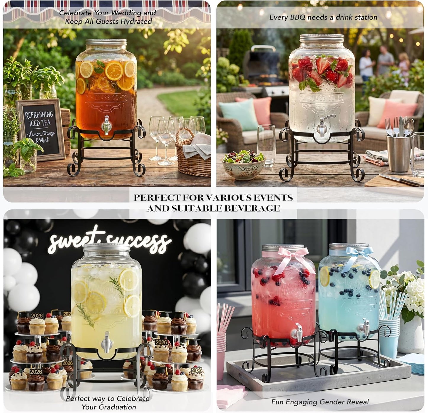 Style Setter Beverage Dispenser Cold Drink Dispenser Glass Jug, Metal Stand & Leak-Proof Acrylic Spigot Great for Parties, Weddings & More (With Metal Rack)