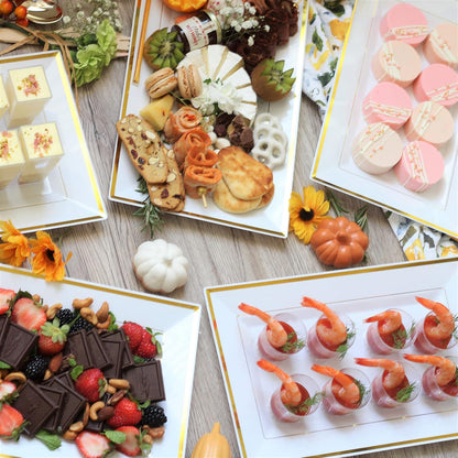 Elegant Plastic Serving Tray & Platter Set (6pk) - White & Gold Rim Disposable Serving Trays & Platters for Food - Weddings, Upscale Parties, Dessert Table, Cupcakes - 8 x 12.85 inches