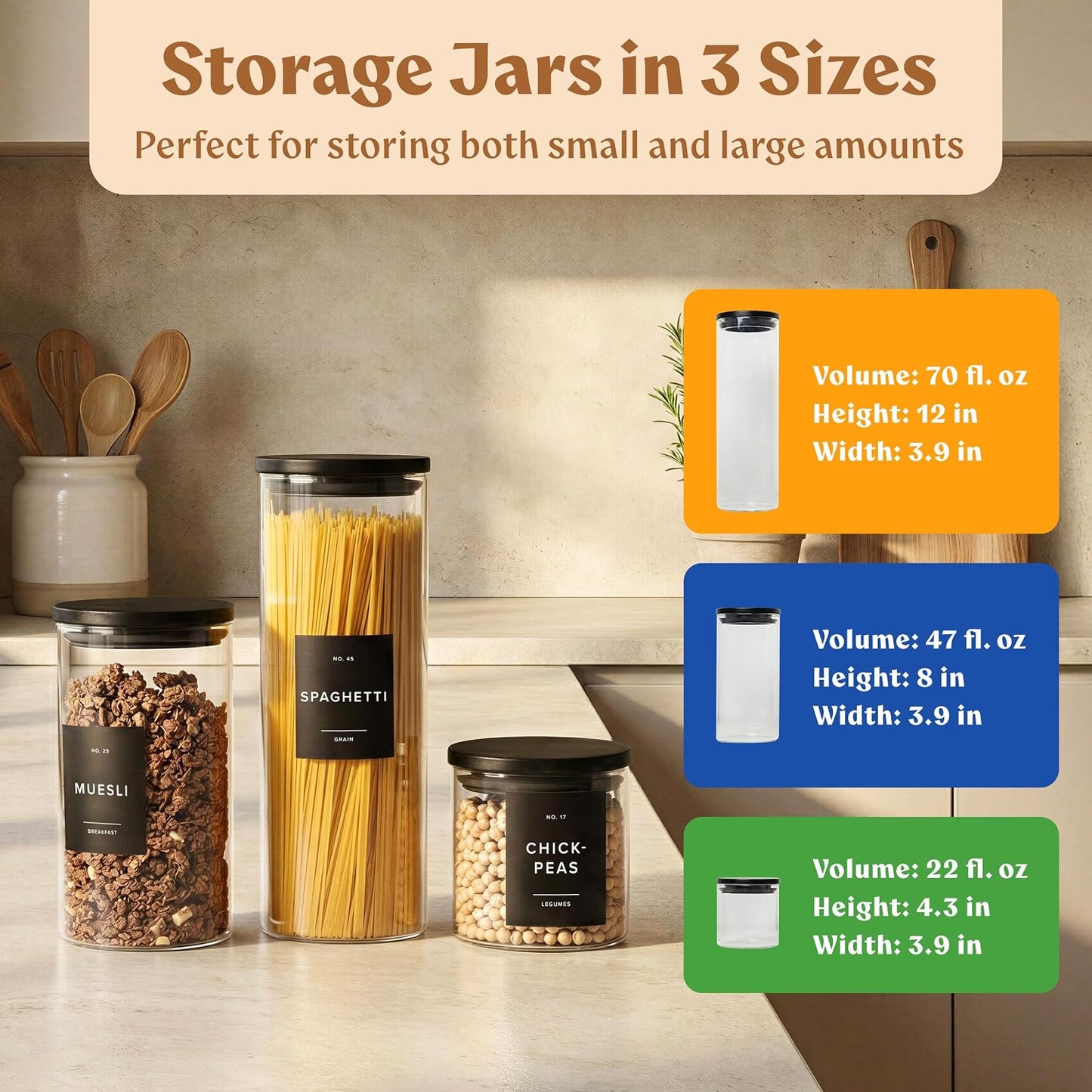 EDELHAUS 2x Large Glass Storage Containers with Airtight Black Lids [135oz/4000ml] | Extra Thick Glass Canisters for Pantry + 63 Labels | Flour Rice Cereal Sugar Coffee Beans Tea