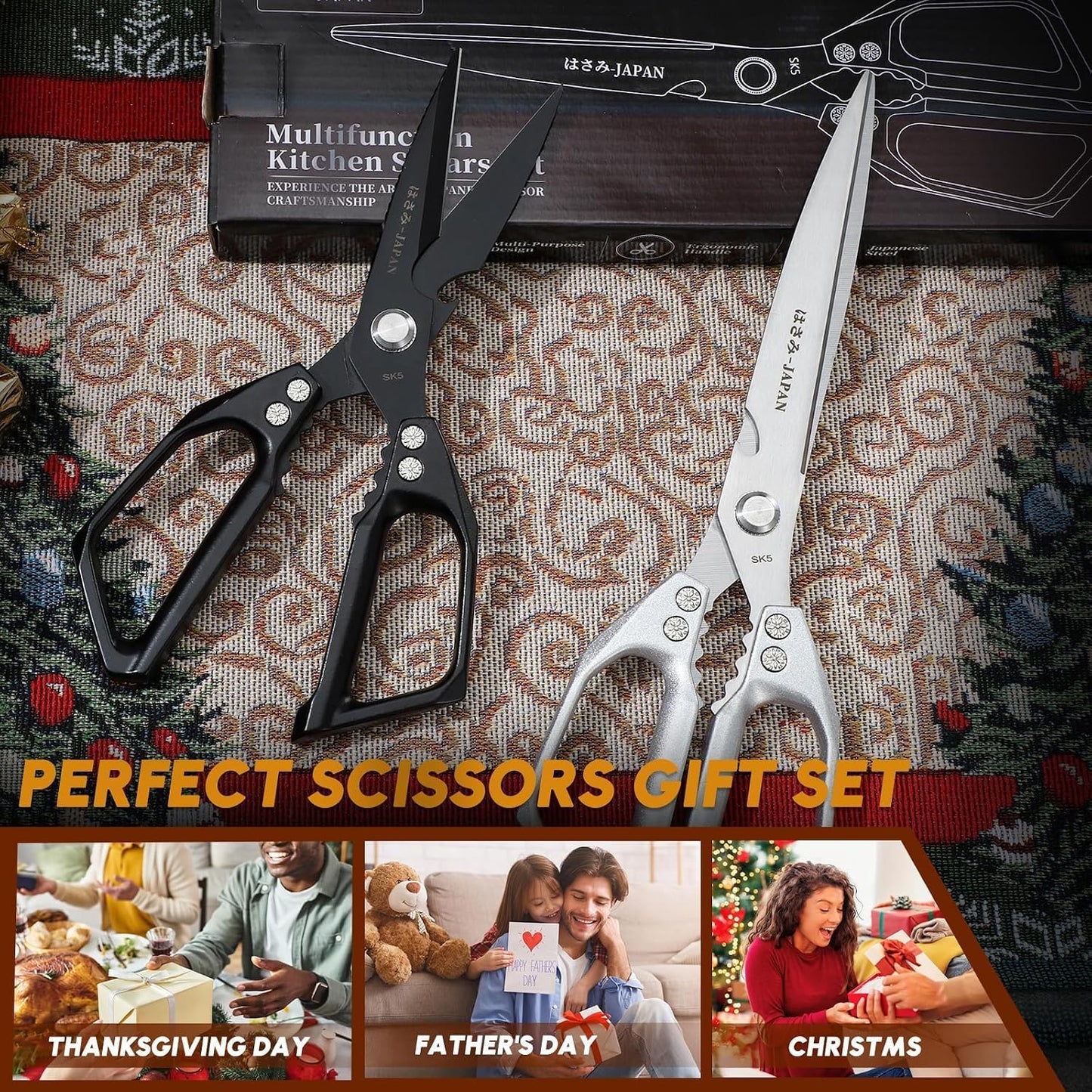 HUUSK Kitchen Scissors Set Silver - Upgraded Stainless Steel Kitchen Shear, Sharp Meat Scissors Dishwasher Safe, Heavy Duty Poultry Shears, Japanese Cooking Scissor for Food, Christmas Gifts for Women
