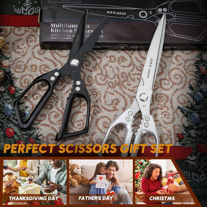 HUUSK Kitchen Scissors Set Silver - Upgraded Stainless Steel Kitchen Shear, Sharp Meat Scissors Dishwasher Safe, Heavy Duty Poultry Shears, Japanese Cooking Scissor for Food, Christmas Gifts for Women