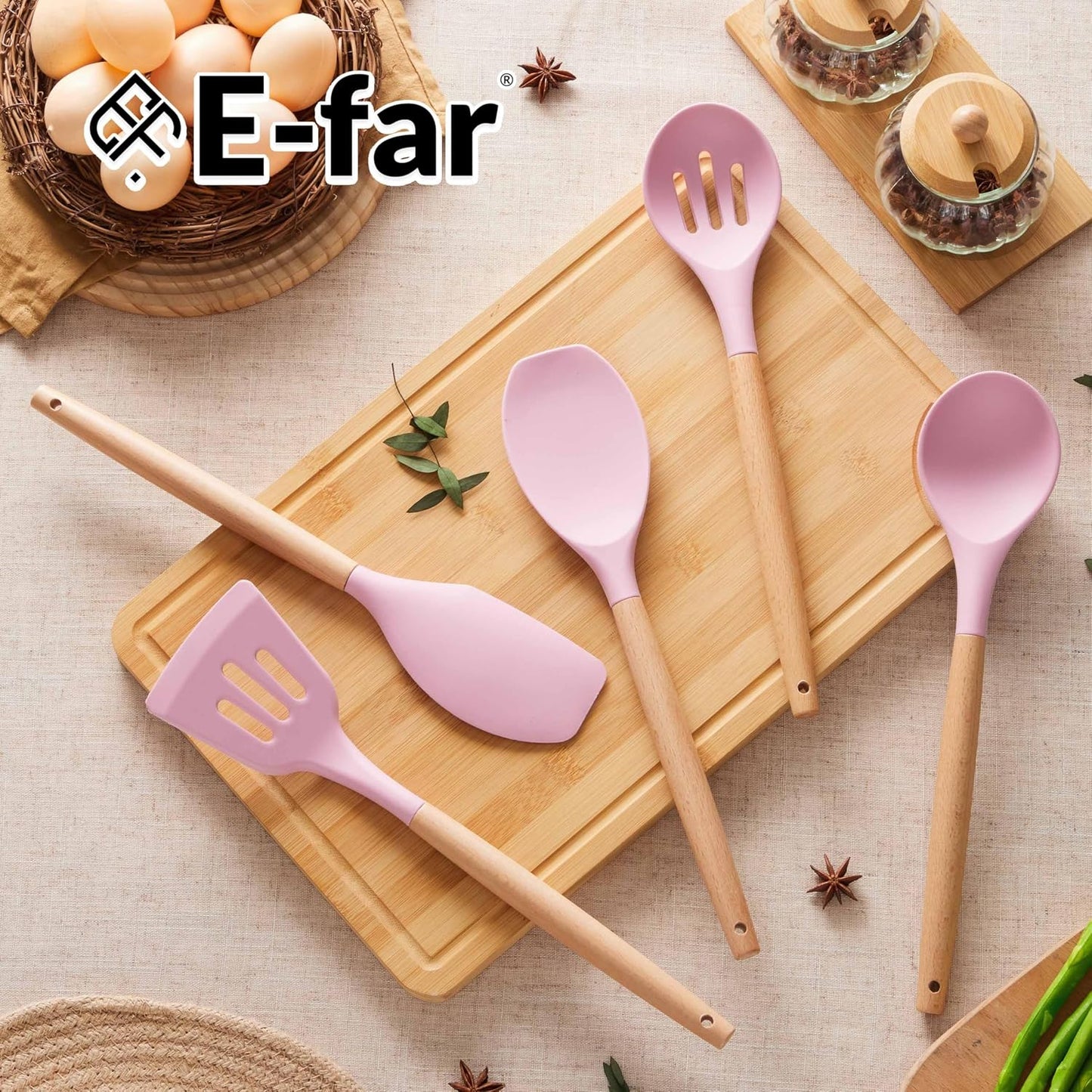 E-far Silicone Cooking Utensils Set, 5-Piece Kitchen Utensils Set with Wooden Handle for Cooking, Silicone Kitchen Nonstick Tools Spatula Turner Slotted Spoons, Nontoxic & Heat Resistant-Khaki