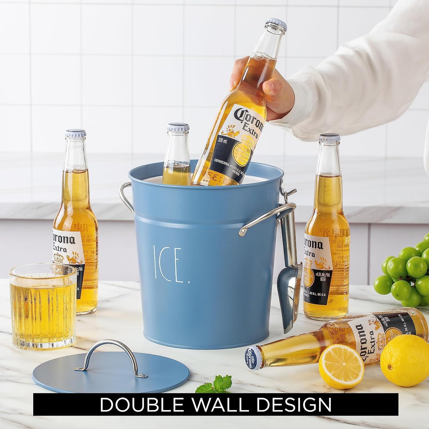 Rae Dunn Ice Bucket with Scoop - Stainless Steel Bucket with Handle, Lid and Ice Scooper - 4 Qt. Storage Bin for Ice Cubes for Bars, Parties, Backyard Barbeques, Picnics, and Camping (Black)