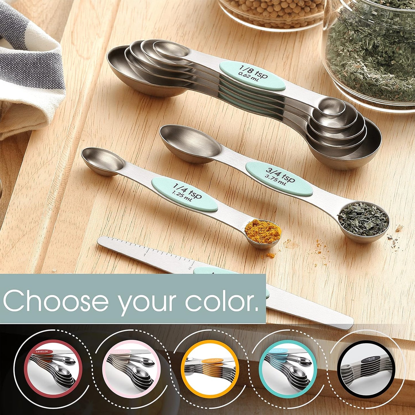 Spring Chef Stainless Steel Magnetic Measuring Spoons Set with Strong N45 Magnets, Heavy Duty Metal Kitchen Gadgets for Baking & Cooking, Fits in Most Kitchen Spice Jars, Set of 8 with Leveler, Black