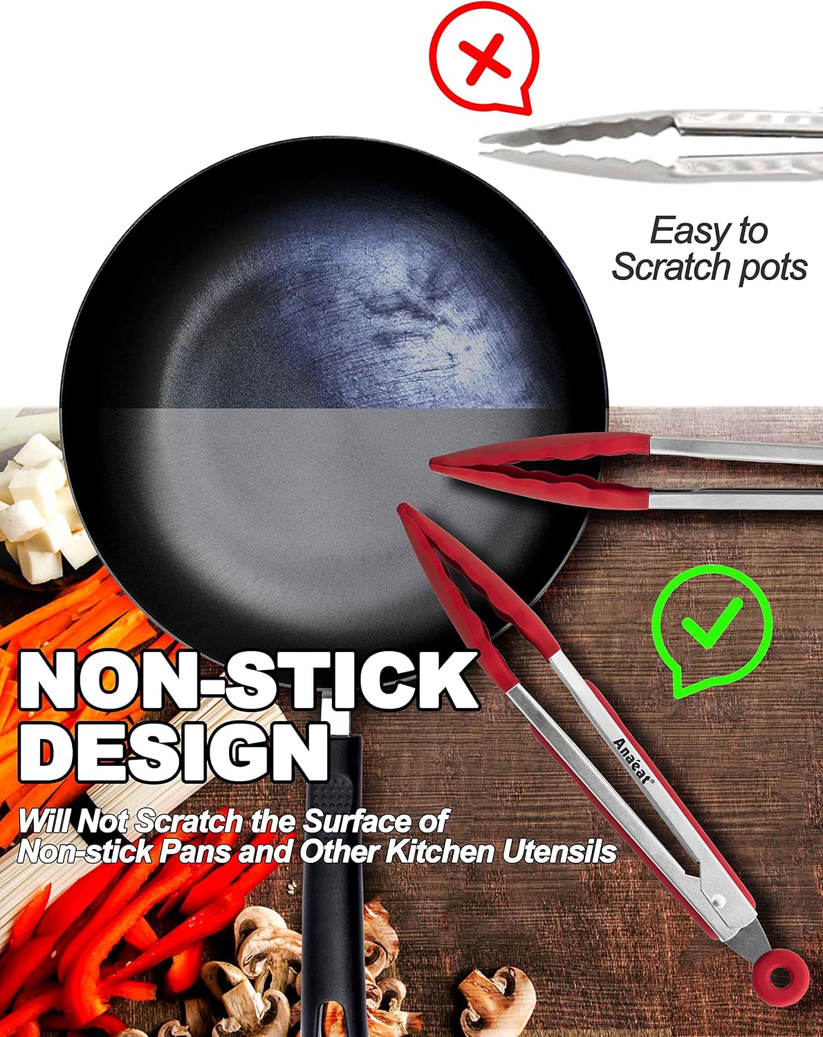 Anaeat Premium Kitchen Locking Tong Set of 3 - Heavy Duty Stainless Steel Food Tongs with Long Handle & Non-Slip Silicone Grip for Cooking, Baking, Grilling - Heat Resistant up to 480°F
