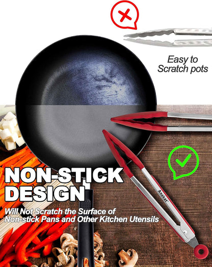 Anaeat Premium Kitchen Locking Tong Set of 3 - Heavy Duty Stainless Steel Food Tongs with Long Handle & Non-Slip Silicone Grip for Cooking, Baking, Grilling - Heat Resistant up to 480°F