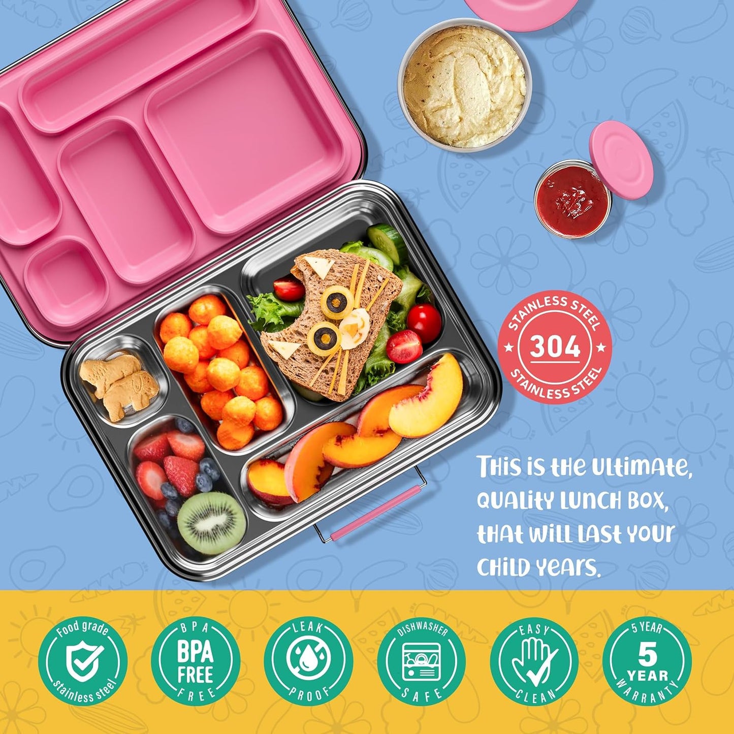 AOHEA Stainless Steel Bento Box Kids, Kids Metal Bento Lunch Box BPA Free Lunch Box Containers 304 Stainless Steel Bento Box for School and Office(Bule)