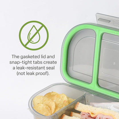 MyGo Container Large To-Go 3-Compartment Food Containers, Pack Of 3, 9-3/8" X 9-3/8" X 2-1/2", Reusable, Microwave Safe, NSF Certified, Smoke/Green