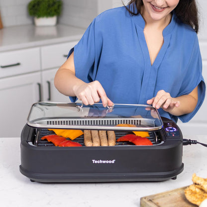 Techwood Indoor Grill Smokeless Grill, Electric Korean BBQ Grill with Glass Lid, Turbo Smoke Extractor Technology, Dishwasher-Safe Drip Tray & Nonstick Grilling Removable Plate, Black, 1500W